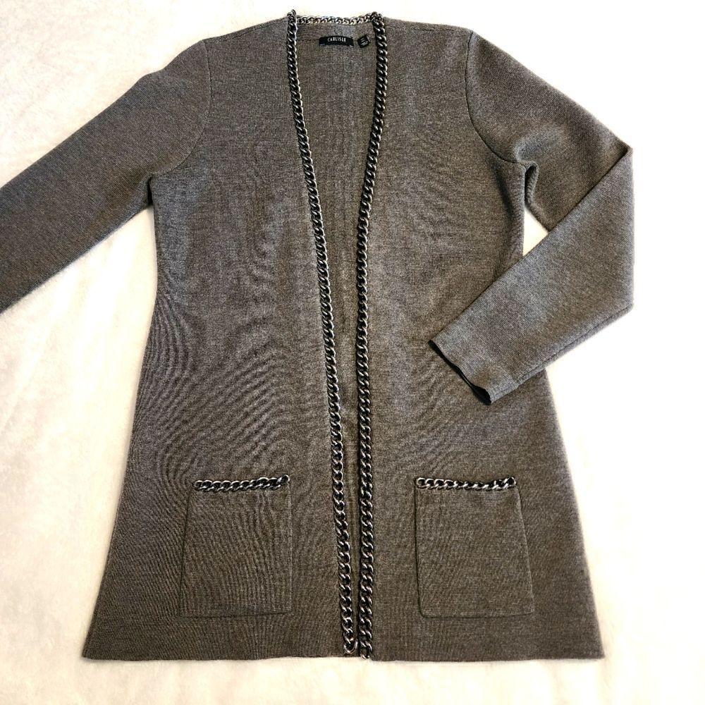 Carlisle Womens Gray Merino Wool Open Front Cardigan with Chain Detail Size Lge